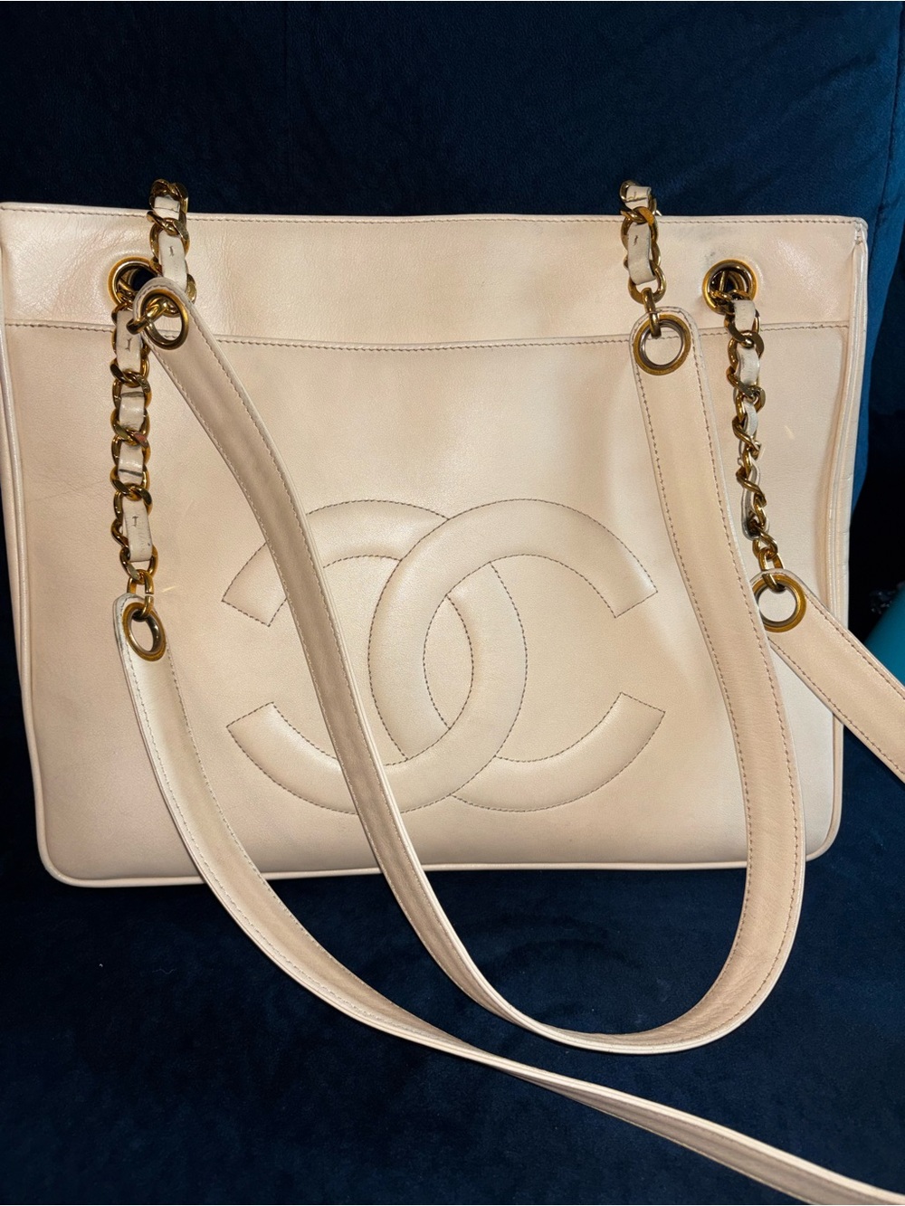 CHANEL Cream Leather Quilted Shoulder Tote with Gold Chain Straps